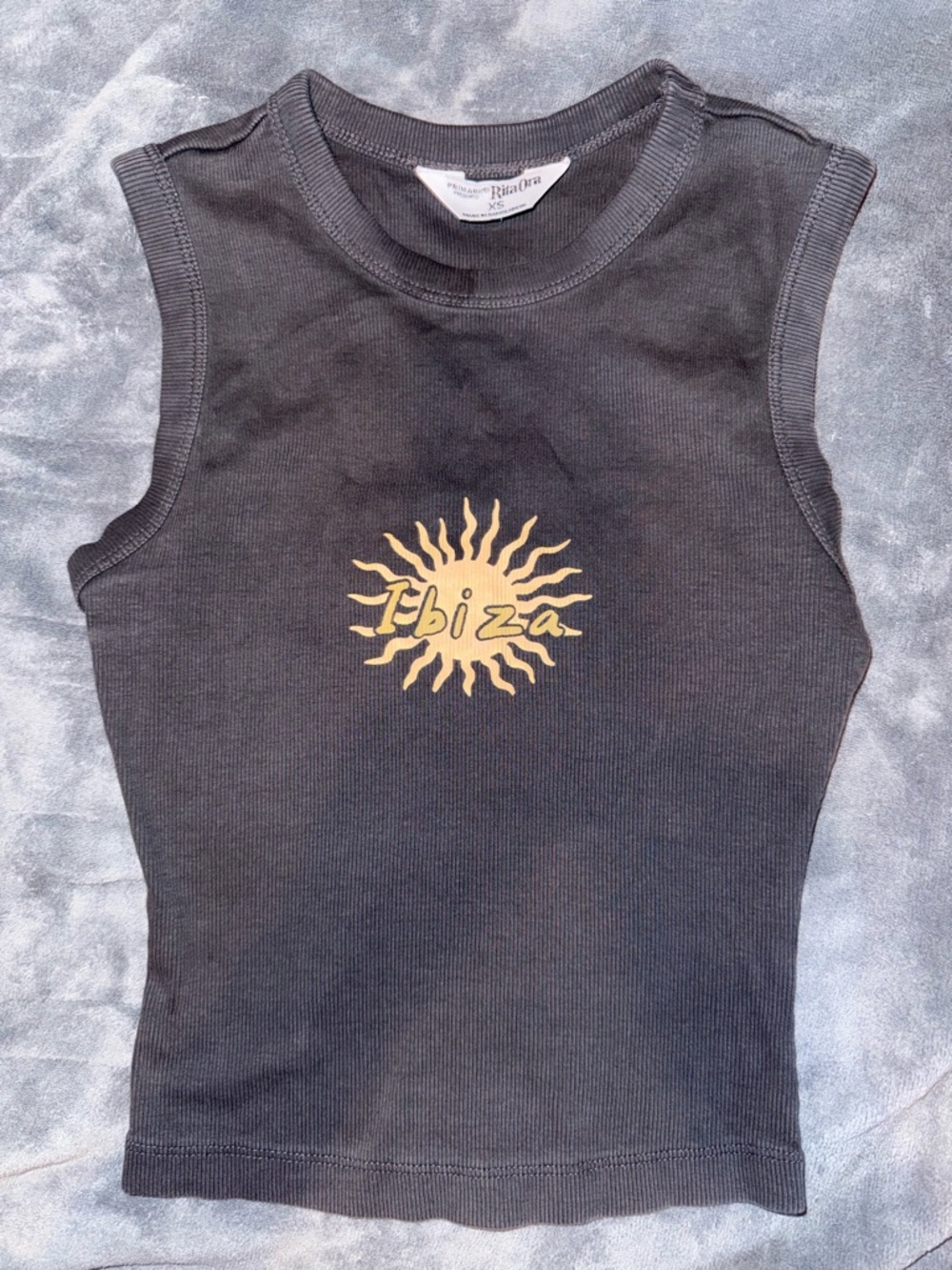 Rita Ora X Primark Black Ribbed Sleeveless tank with Ibiza Sun. Women’s size XS